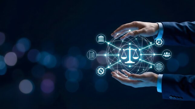 Legal technology network concept with scales of justice held in protective hands, digital future.