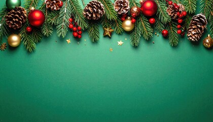 Festive Christmas border with evergreen branches pine cones baubles and berries on a green background.