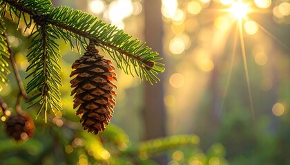 Pine cone hanging from a green pine tree branch with golden sunlight filtering through the forest.
