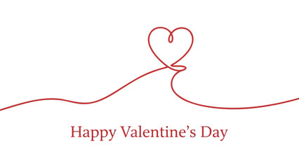 Elegant red heart shape drawn with a single continuous line on white background with happy valentine s day text
