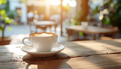 Seni latte yang lezat menanti di bawah sinar matahari pagi yang keemasan