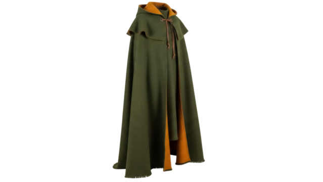 Green hooded cloak isolated PNG on transparent background, medieval cape with brown ties for fantasy costume or cosplay