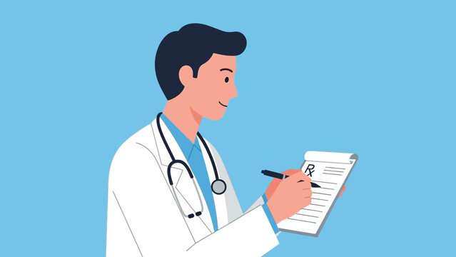 Doctor writing medical prescription on a clipboard, healthcare professional in clinic