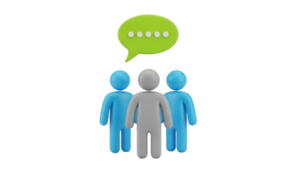 Group of three stylized people with speech bubble above isolated PNG, teamwork and communication concept for social media and business