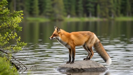 Red fox standing on a rock in a serene natural forest lake habitat.