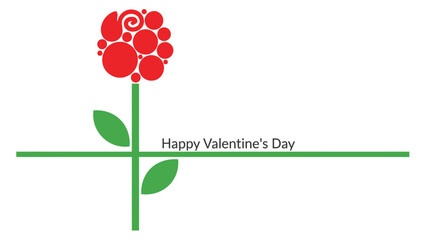 Modern abstract red rose with green stem and leaves and happy valentines day text