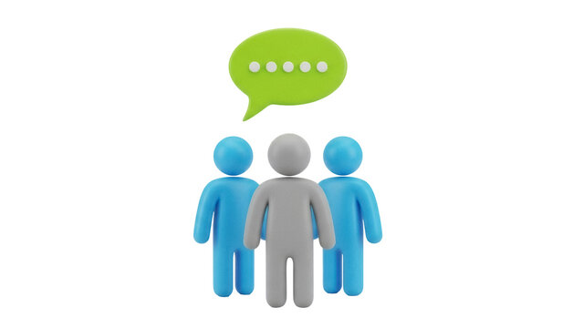 Group of three stylized people with speech bubble above isolated PNG, teamwork and communication concept for social media and business - Powered by Adobe