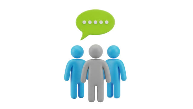 Group of three stylized people with speech bubble above isolated PNG, teamwork and communication concept for social media and business