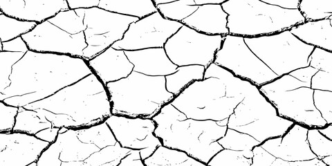 High-contrast cracked earth texture with bold black fracture lines on a clean white background, ideal for abstract backgrounds, design overlays, and minimalist graphic projects. Perfect for stock use.