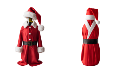 Two christmas santa claus bottle costumes isolated on transparent background
