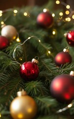 Green Holiday Background with Shiny Ornaments and Lights 