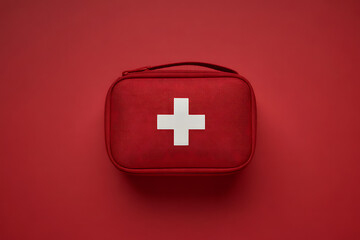 Obraz premium Red first aid kit bag with white cross symbol overhead view
