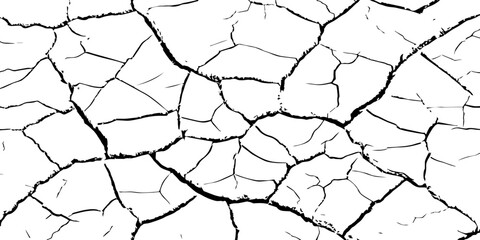 High-contrast cracked earth texture with bold black fracture lines on a clean white background, ideal for abstract backgrounds, design overlays, and minimalist graphic projects. Perfect for stock use.