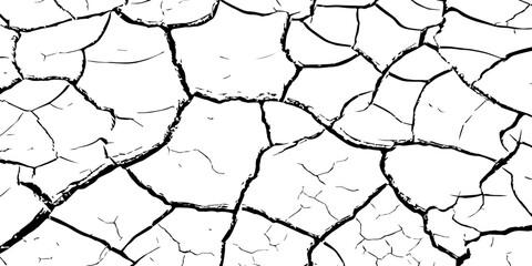 High-contrast cracked earth texture with bold black fracture lines on a clean white background, ideal for abstract backgrounds, design overlays, and minimalist graphic projects. Perfect for stock use.