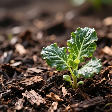 Young green kale sprout with water droplets growing in mulched soil, close-up nature shot