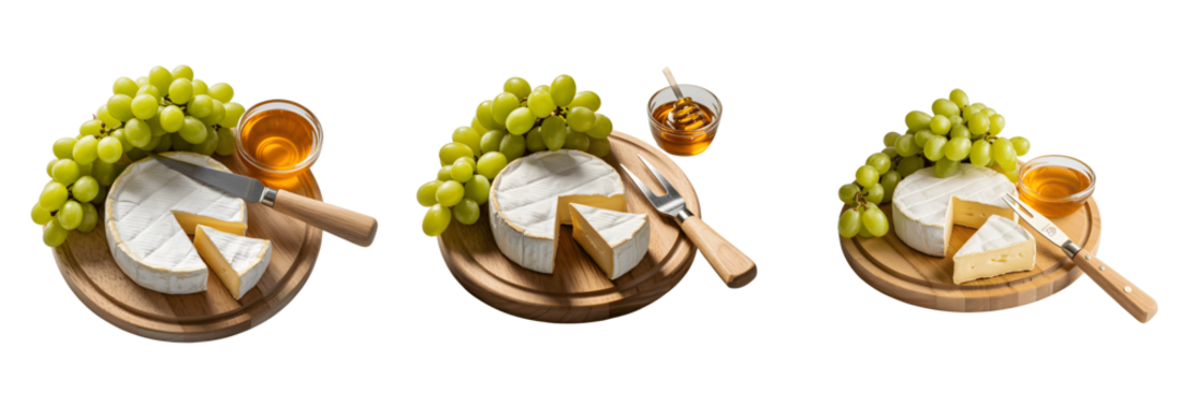 Three cheese boards with grapes and honey isolated on transparent background