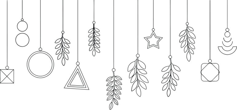 Hand drawn christmas ornaments hanging against a white background