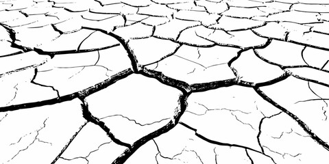 High-contrast cracked earth texture with bold black fracture lines on a clean white background, ideal for abstract backgrounds, design overlays, and minimalist graphic projects. Perfect for stock use.