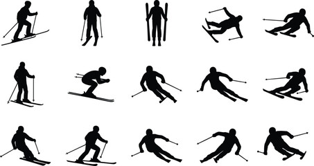 Dynamic skiing silhouette collection, male and female athletes performing downhill alpine ski, various winter sports action poses, detailed vector illustration set for mountain resort 