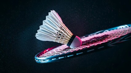 Close up studio shot of a white badminton shuttlecock with feathers poised above a metallic badminton racket illuminated by vibrant neon pink and blue lights against a dark background