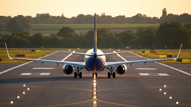 Airplane preparation for takeoff on runway. Aircraft stands ready under golden hour sunlight. Airport scene captures excitement of air travel.