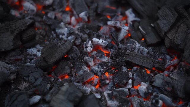 Close-up of Glowing Hot Coals and Charred Wood Fragments embers fire