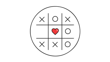 Tic tac toe game with red heart symbol in center symbolizing love winning over competition