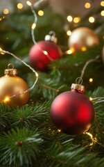 Green Holiday Background with Shiny Ornaments and Lights 