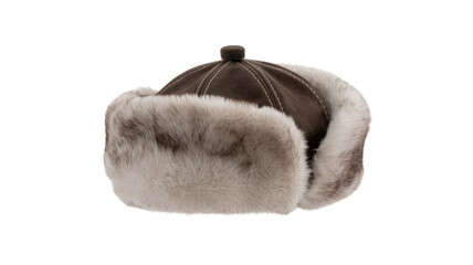 A warm brown ushanka hat with plush light-colored fur lining, visible stitching, and a small top button, ideal for winter. background removed