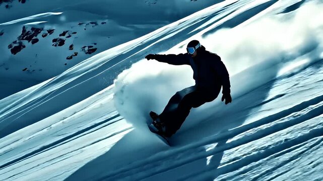 A snowboarder is captured midride on a snowy mountain slope, with a backdrop of towering snowcovered peaks. The scene is bathed in a cool blue hue.
