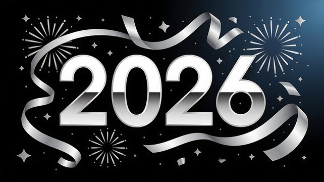 A festive silver year of two thousand twenty six celebration with ribbons and fireworks