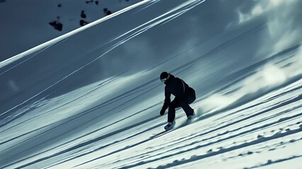 A snowboarder is captured midair against a backdrop of swirling clouds. The scene is dominated by cool, muted tones.