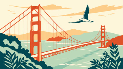 Golden gate bridge with a seagull soaring above, in golden light. Perfect for travel, tourism, and cityscapethemed design projects.