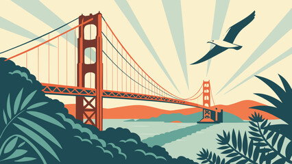 Golden gate bridge framed by lush tropical plants in a birdseye view captures the iconic landmarks beauty. Suitable for travel brochures and websites.