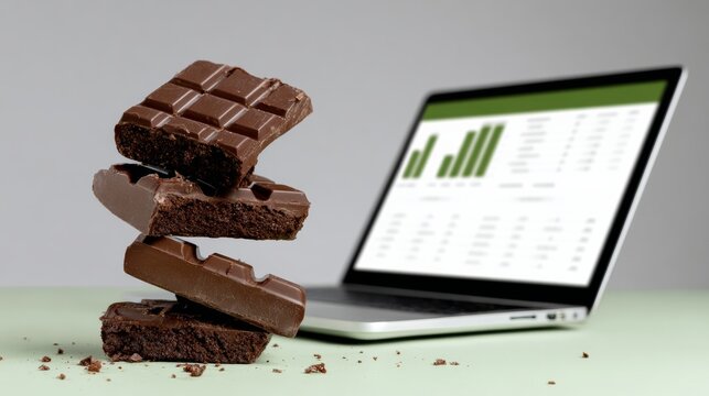 A laptop is on a table with a stack of chocolate bars on top of it. The laptop is open to a spreadsheet with graphs and numbers. Concept of indulgence and relaxation, as the chocolate bars