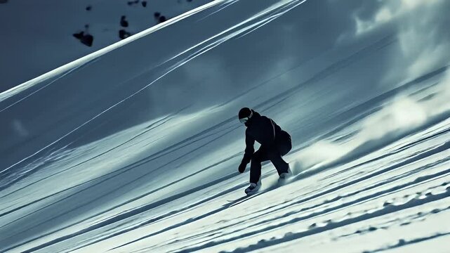 A snowboarder is captured midair against a backdrop of swirling clouds. The scene is dominated by cool, muted tones.