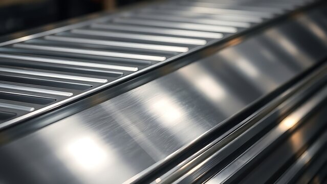 abraded. Polished metal surface with glossy friction stripes, industrial aesthetic detail. safety posters, maintenance manuals, designed for industrial assembly lines and welding operations.