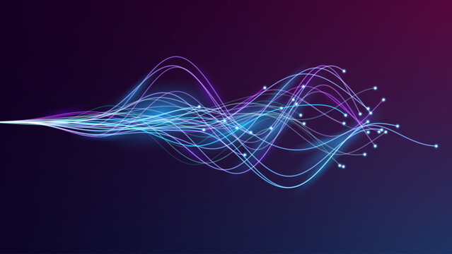 Neuron Inspired Abstract Lines on Deep Blue Background with Glowing Flow and Data Stream Effect. Futuristic Neural Network. Fast Optic Fiber Internet. Vector Illustration.