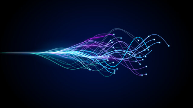 Neuron Inspired Abstract Lines on Deep Blue Background with Glowing Flow and Data Stream Effect. Futuristic Neural Network. Fast Optic Fiber Internet. Vector Illustration.