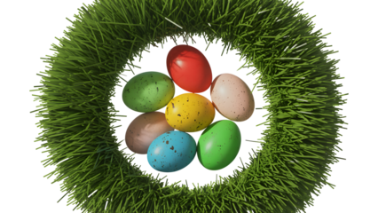 Colorful easter eggs nestled in green grass wreath isolated on transparent background