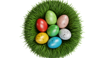 Colorful easter eggs nestled in green grass isolated on transparent background