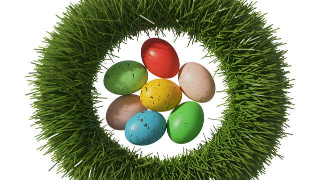Colorful easter eggs nestled in green grass wreath isolated on transparent background