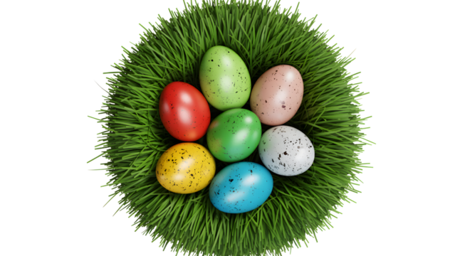 Colorful easter eggs nestled in green grass isolated on transparent background