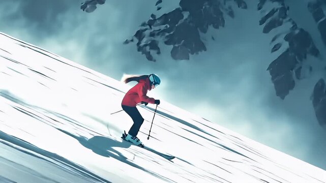 A vivid, actionpacked scene of a skier in midair, captured in a dynamic pose. The skier is dressed in a bright red jacket and blue helmet, which stands out against the white snow.