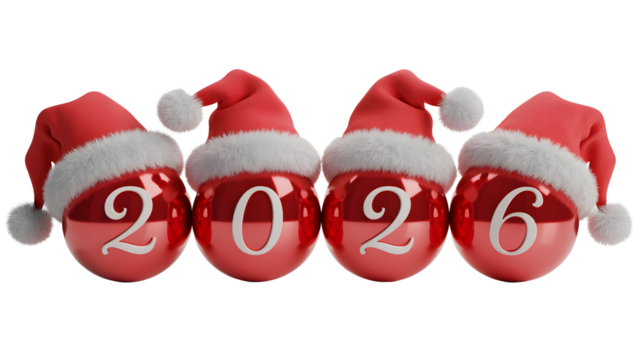 Four festive christmas ornaments with 2026 isolated on transparent background