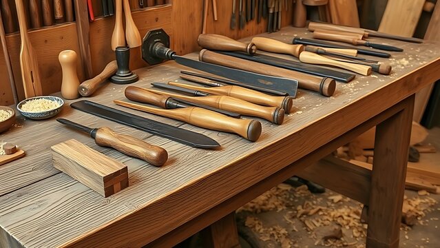 thyristor. Aged wooden workbench with neatly arranged traditional carpentry tools and wood shavings. safety posters.
