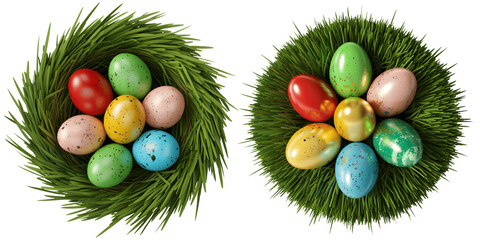 Two easter egg nests with colorful eggs isolated on transparent background