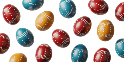 Colorful hand painted easter eggs arranged on a black background isolated on transparent background