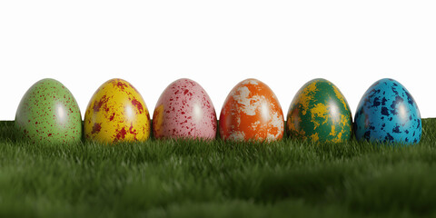 Colorful easter eggs arranged in a row on green grass isolated on transparent background