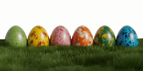 Colorful easter eggs arranged in a row on green grass isolated on transparent background